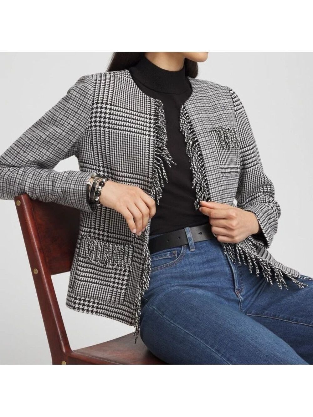 New Chico’s Mixed Tweed Fringed Wool Jacket Black White Houndstooth size XL